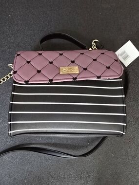 Betsey Johnson Quilted Mauve Flap Black & White Stripe Crossbody Bag